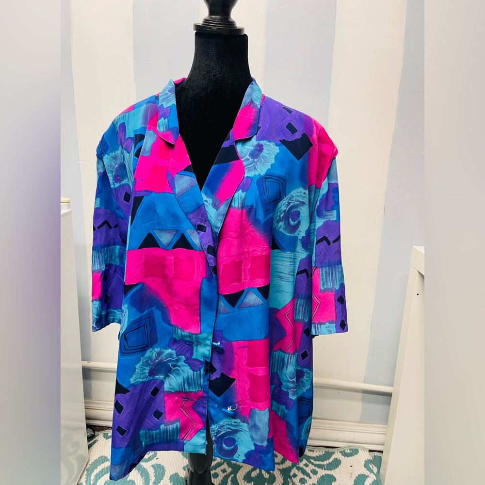 80's VINTAGE funky color block printed crop blouse, geometric print